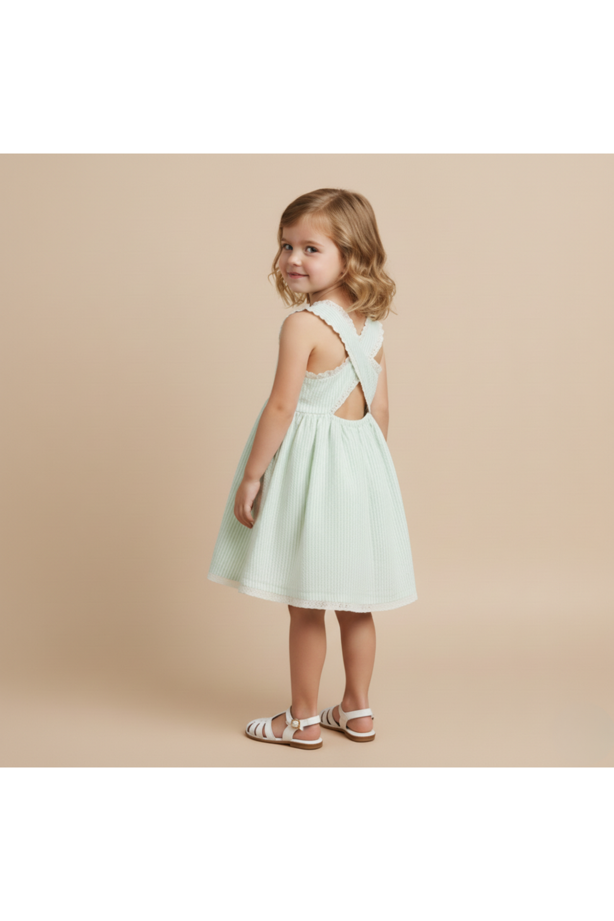 A young girl models a light green, organic cotton dress with criss-cross straps and a gathered skirt. The dress features a playful, breezy design perfect for warm weather.