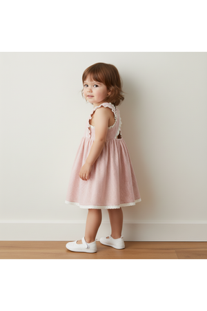 A young girl stands sideways, wearing a coral-striped organic cotton dress with criss-cross straps and a gathered skirt, complemented by white shoes. The background is a simple light-colored wall.