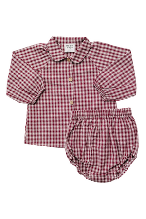 Red gingham cotton bloomer set featuring a long-sleeve shirt with a Peter Pan collar and matching bloomers, designed for baby girls. Ideal for comfort and classic style.