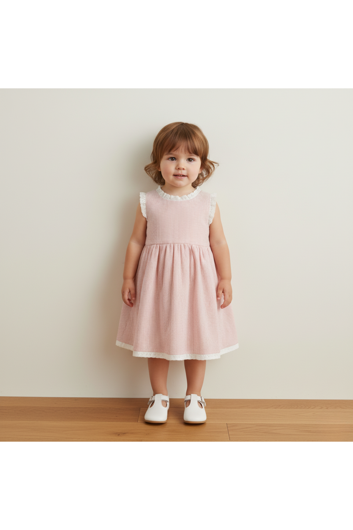 A toddler stands smiling in a coral-striped organic cotton dress with a gathered skirt and ruffled neckline, paired with white shoes, against a simple, light-colored wall.