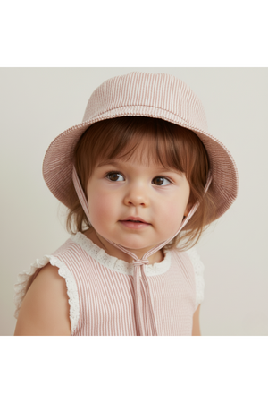 A young child wears a coral-striped organic bucket sun hat made from soft cotton. The hat features a wide brim and a chin strap, perfect for sun protection during outdoor.