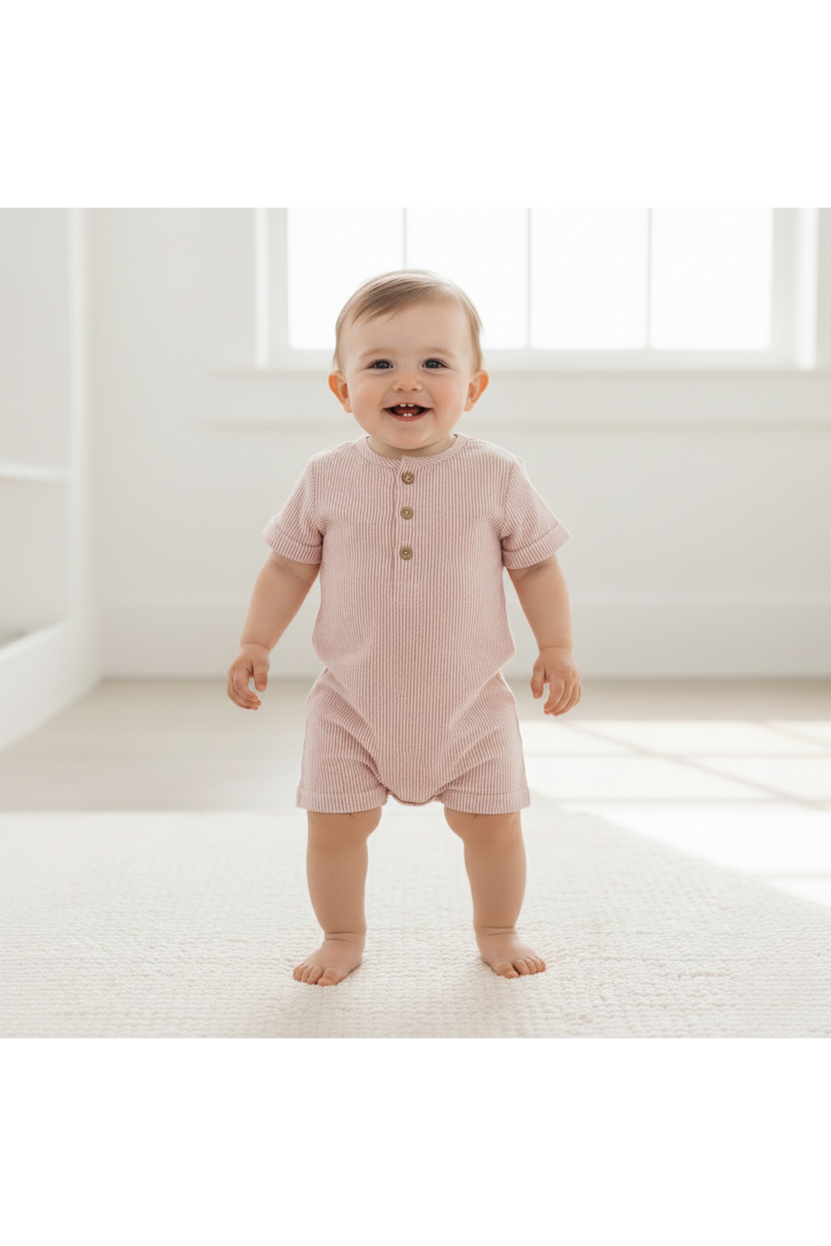 A smiling baby stands on a light-colored rug, wearing a soft, organic cotton romper in pale pink with a textured stripe pattern and button details, perfect for warm-weather play.