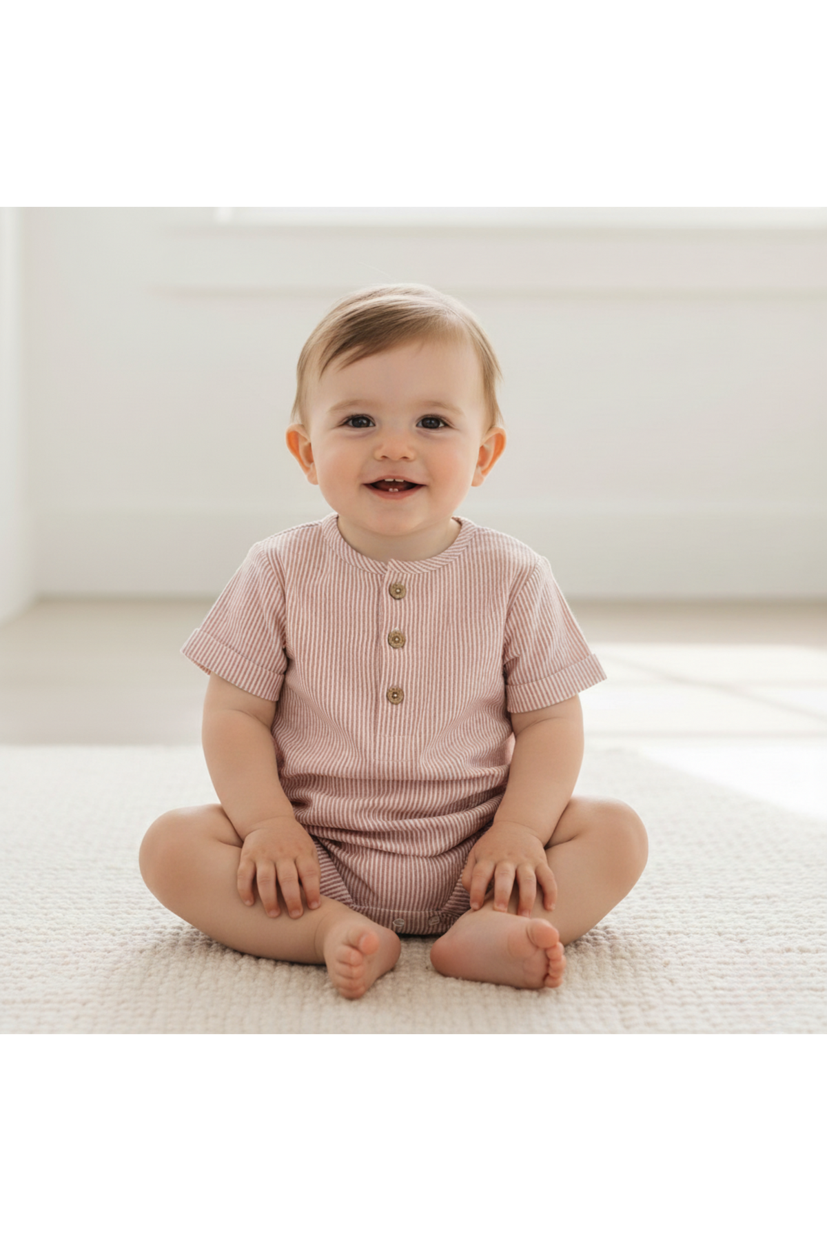 A smiling baby sits on a light-colored rug, wearing a coral striped short bubble romper with buttons. The rompers soft fabric and relaxed fit ensure comfort for warm-weather play.
