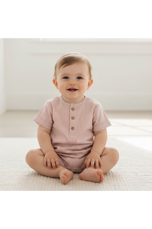 A smiling baby sits on a light-colored rug, wearing a coral striped short bubble romper with buttons. The rompers soft fabric and relaxed fit ensure comfort for warm-weather play.