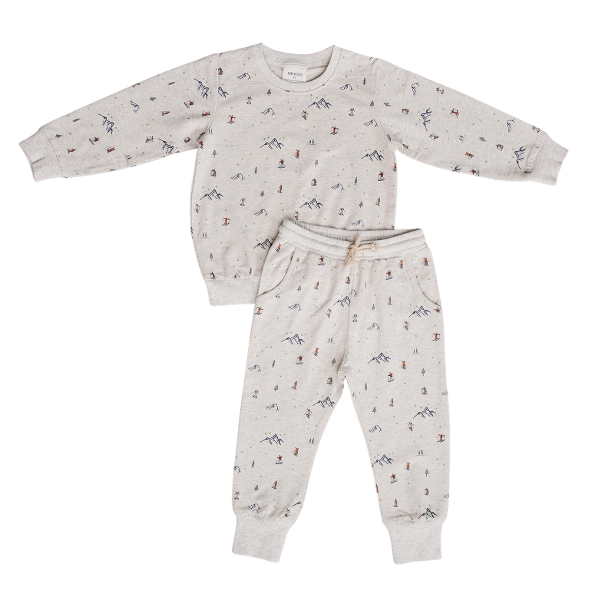 Light beige two-piece French terry cotton set featuring playful mountain and skiing graphics. Perfect for kids, this cozy outfit offers comfort and style for everyday adventures.