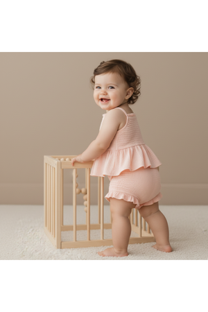 A smiling baby stands beside a wooden playpen, wearing a blush-colored organic smocked top and bloomer set made from lightweight seersucker fabric, ideal for warm weather.