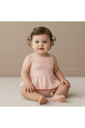 A smiling toddler sits on a soft carpet, wearing a blush organic smocked top and bloomer set.