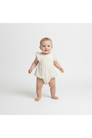A smiling baby stands in a soft ivory organic cotton romper with delicate flutter sleeves. The outfit features a textured design, perfect for warm-weather outings and made for comfort.