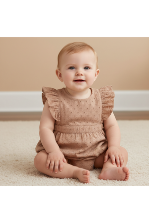 A smiling baby sits on a soft carpet, wearing a clay-colored organic cotton romper with flutter sleeves and eyelet detailing. The warm-toned background complements the outfits delicate design.