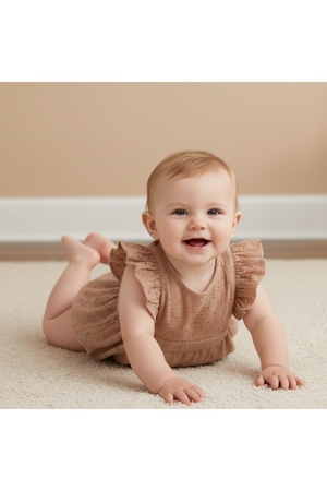 A smiling baby crawls on a soft, light-colored carpet, wearing a clay-colored organic cotton romper with flutter sleeves. The warm, neutral background enhances the rompers delicate eyelet design.