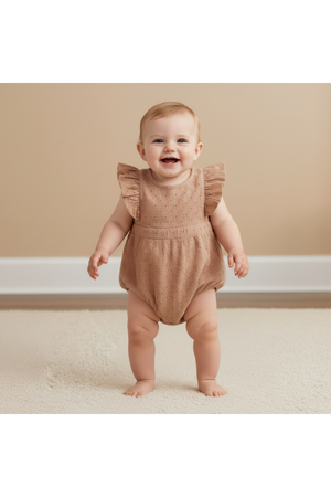 A smiling baby stands on a light rug, wearing a clay-colored organic cotton eyelet romper with flutter sleeves. The soft fabric and delicate design make it perfect for warm weather.