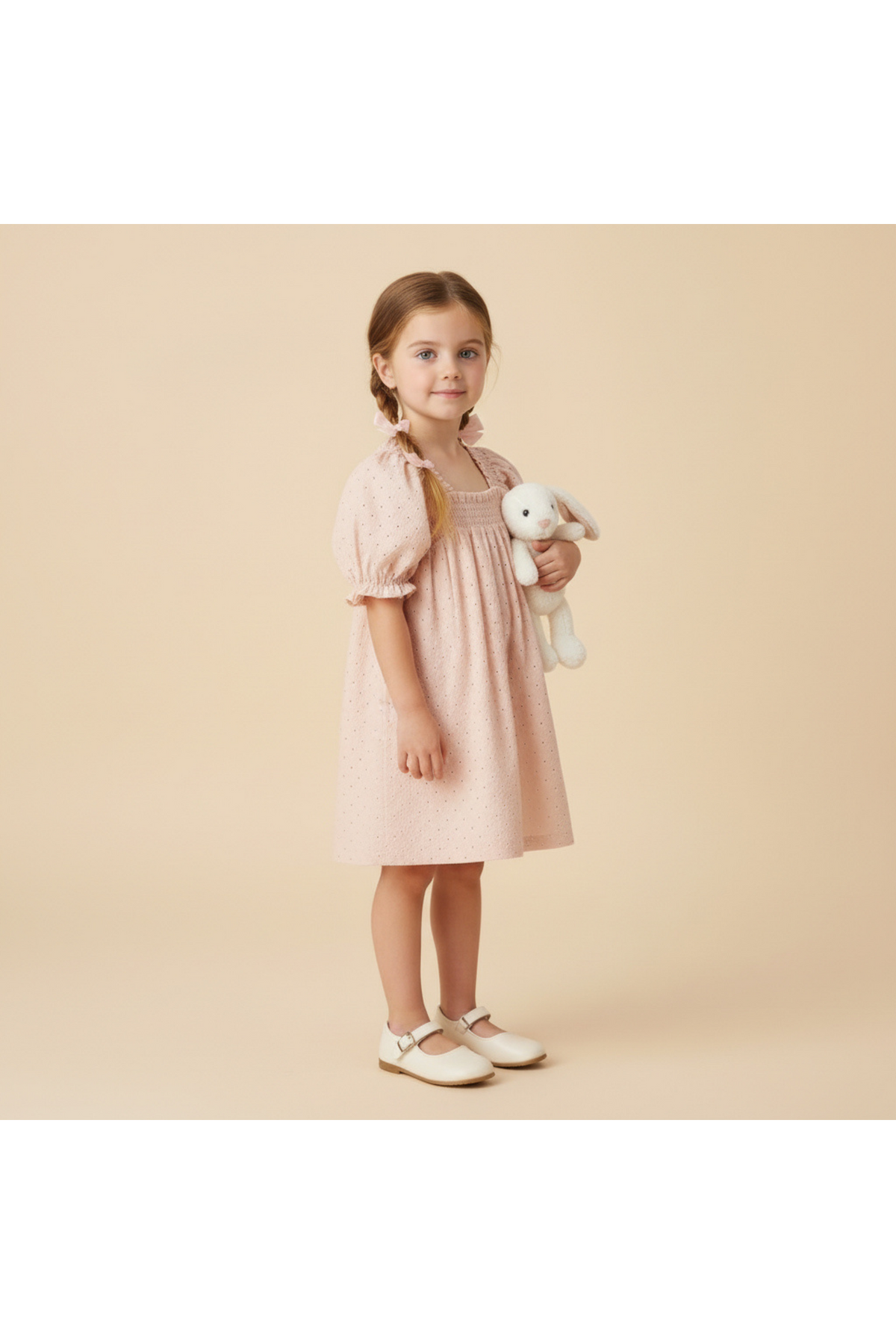 A young girl stands against a soft beige background, wearing a blush eyelet dress with bubble sleeves. She holds a white stuffed bunny, showcasing the dresss organic cotton material.