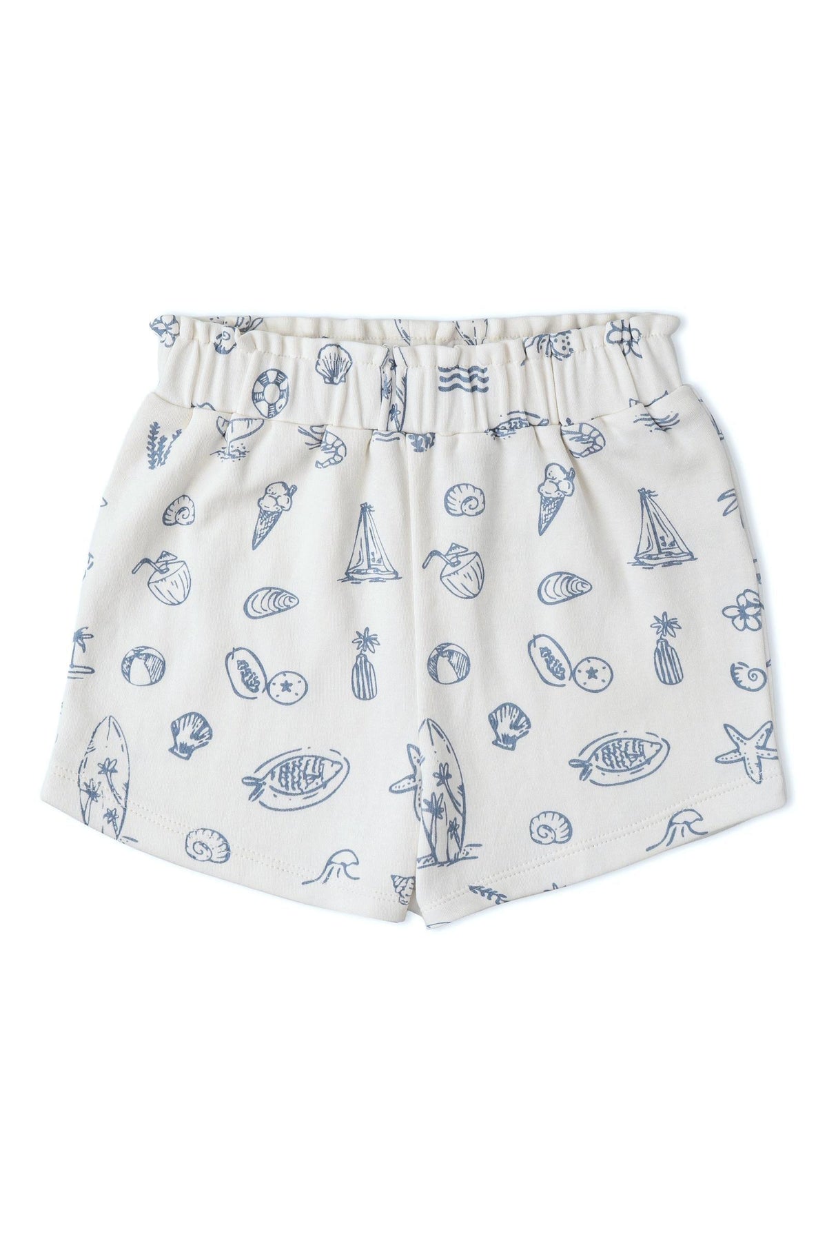Light beige shorts featuring a whimsical ocean-themed print of fish, shells, and boats. Made from soft, organic cotton, these comfortable shorts are perfect for little adventurers.