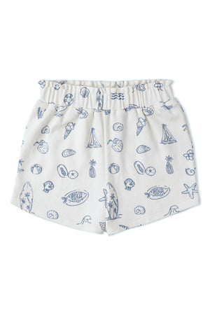 Light beige shorts featuring a whimsical ocean-themed print of fish, shells, and boats. Made from soft, organic cotton, these comfortable shorts are perfect for little adventurers.