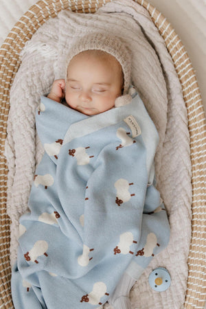 A baby sleeps in a wicker basket, wrapped in a blue sheep-patterned blanket, wearing a knitted hat.