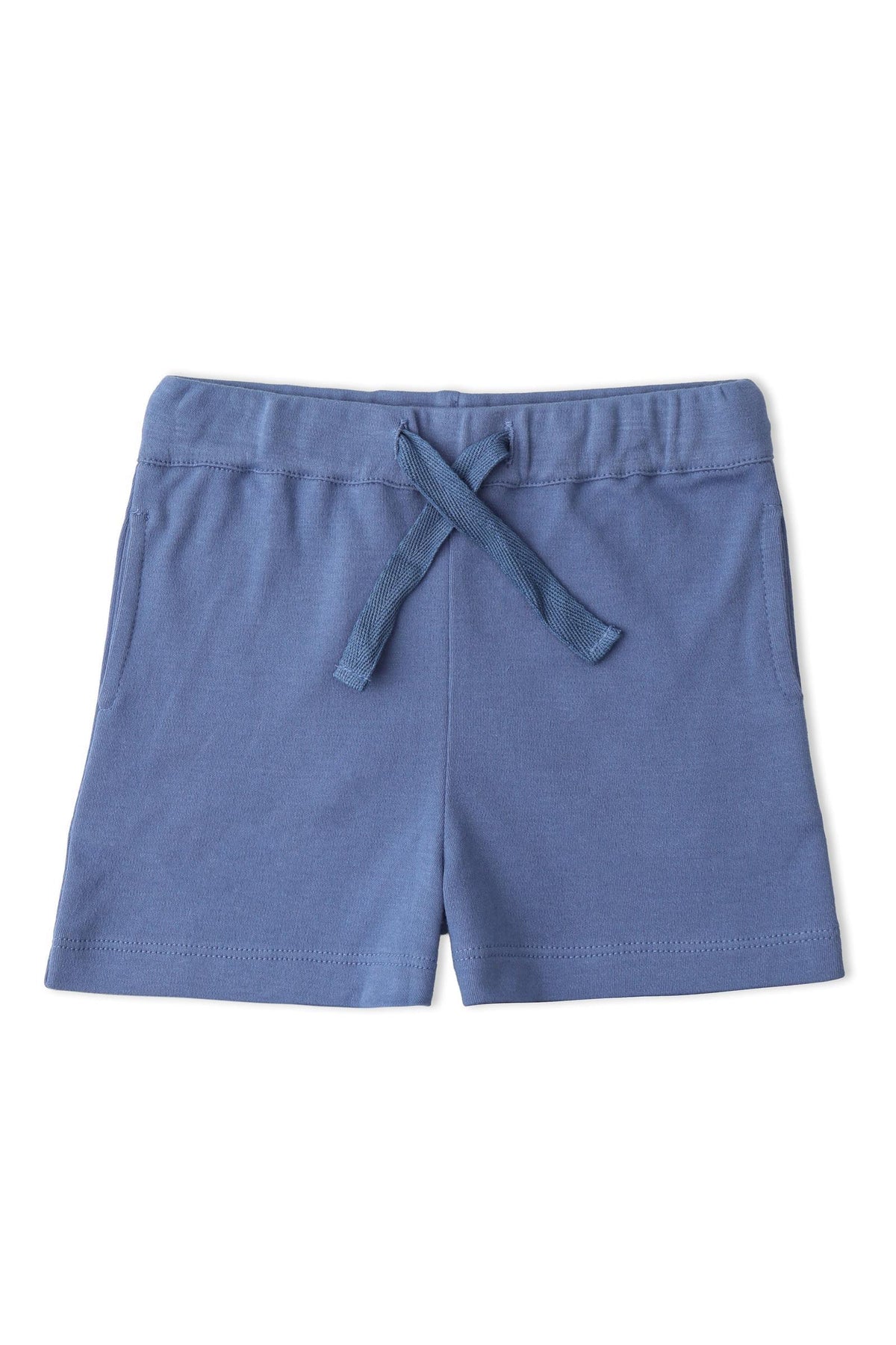 Soft blue organic cotton shorts with a comfortable elastic waistband and a decorative tie, designed for children. Perfect for casual wear, these shorts blend style and sustainability effortlessly.