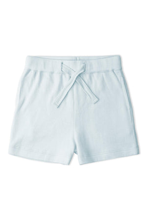 Light blue organic cotton shorts featuring a comfortable elastic waistband and drawstring. Ideal for active play, these soft shorts are designed for children, promoting ease of movement and comfort.