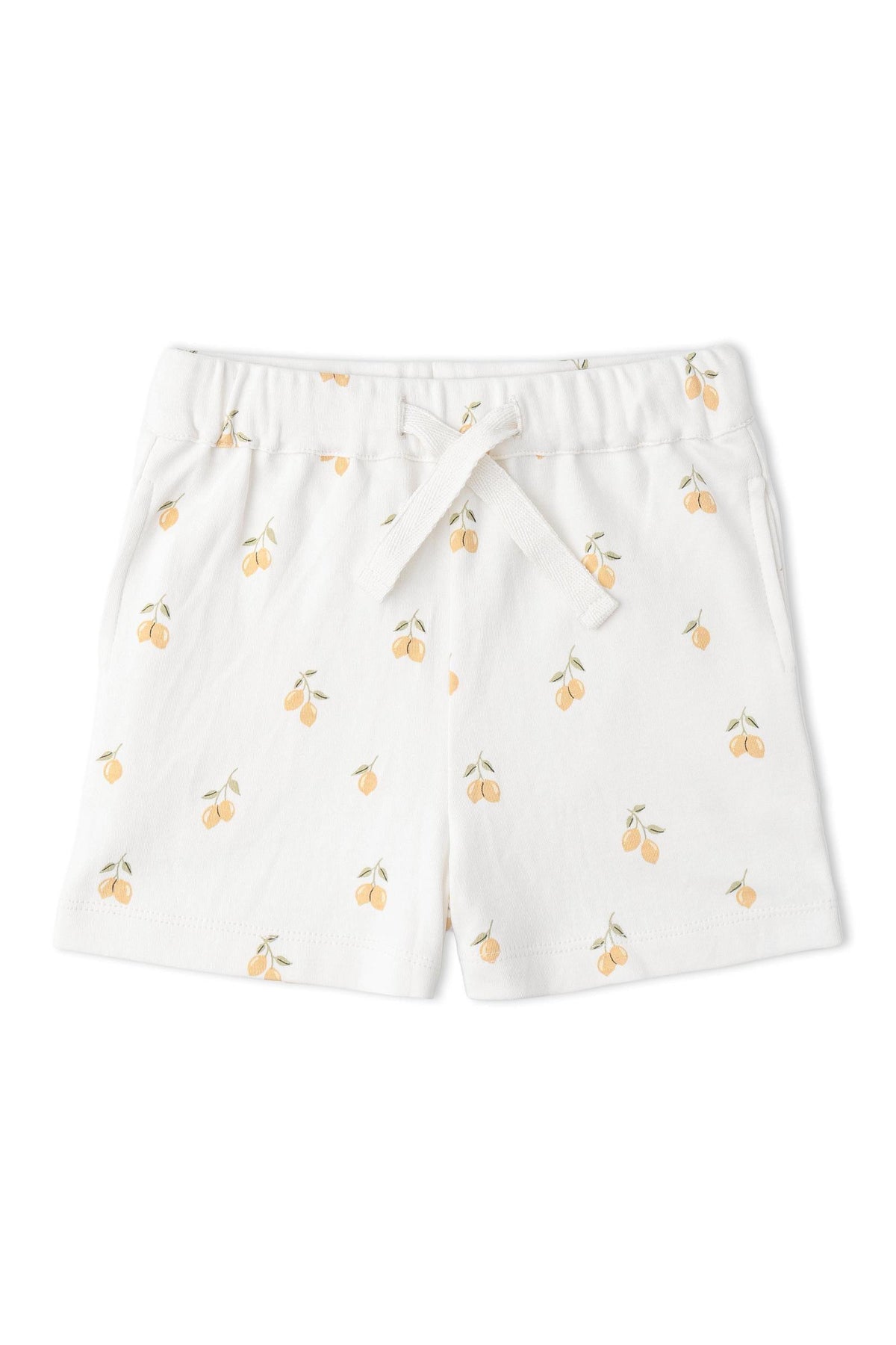 White shorts featuring a playful lemon print, made from soft organic cotton. These lightweight shorts are perfect for warm days and provide comfort for active play.