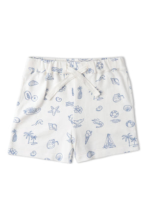 Lightweight, organic cotton shorts featuring a playful coastal print with beach-themed icons in blue on a white background. Ideal for summer activities, these shorts are perfect for kids.