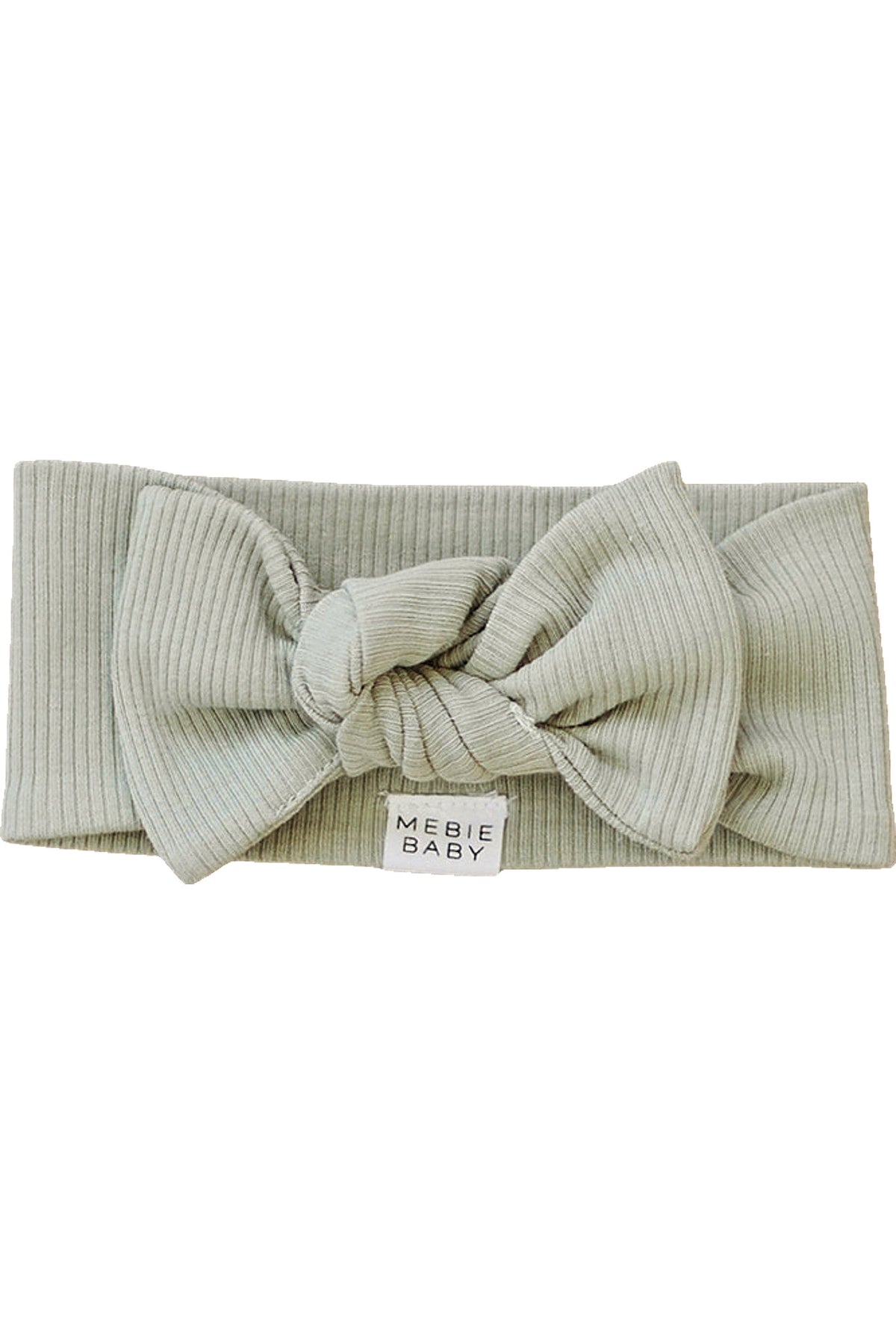 Sage ribbed head wrap with a large bow, made from organic cotton by Mebie Baby. Suitable for newborns.