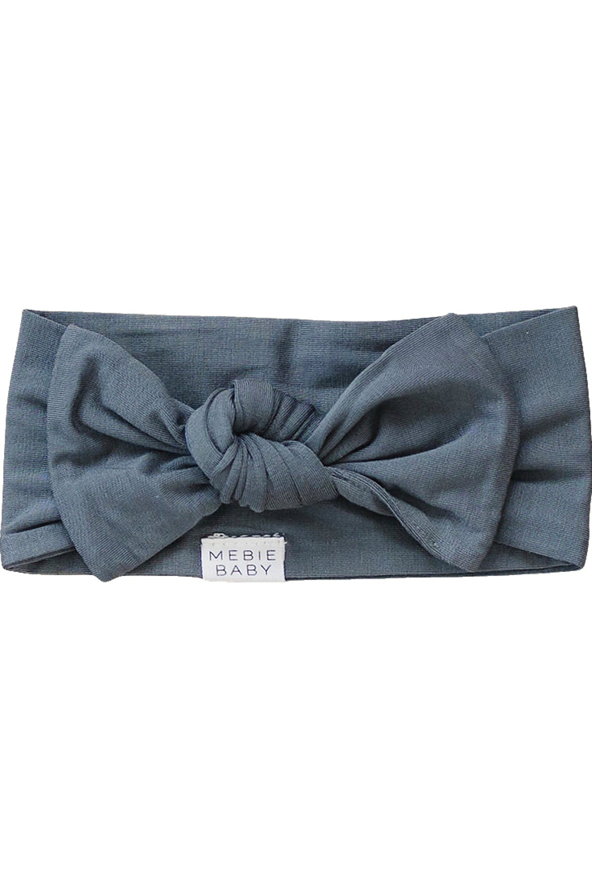 Charcoal head wrap with a large bow, made of bamboo fabric, featuring a Mebie Baby label.