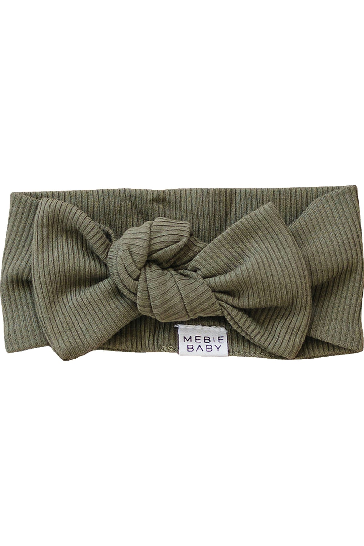 Green ribbed head wrap with a bow, made from organic cotton. Features a Mebie Baby label.