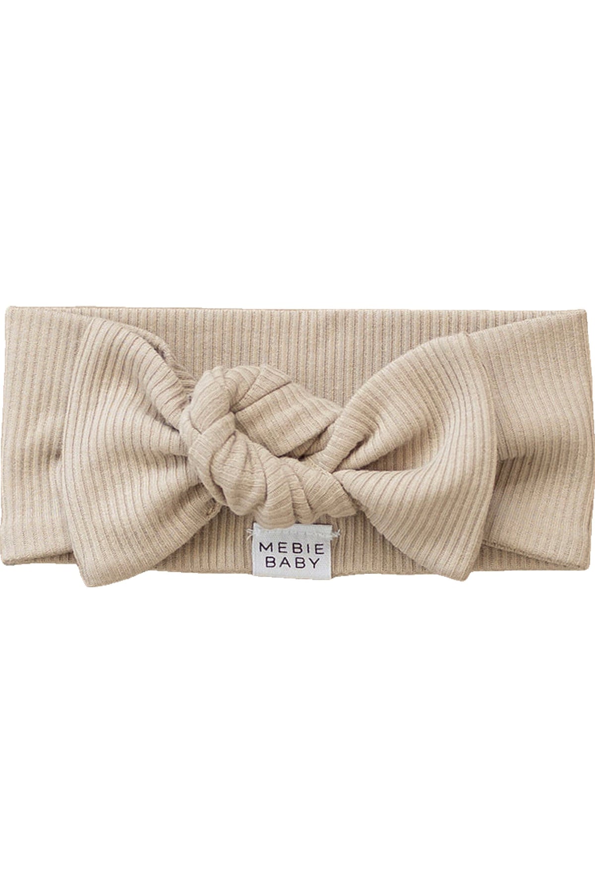 Beige ribbed head wrap with a knot, featuring a Mebie Baby label, made from organic cotton.