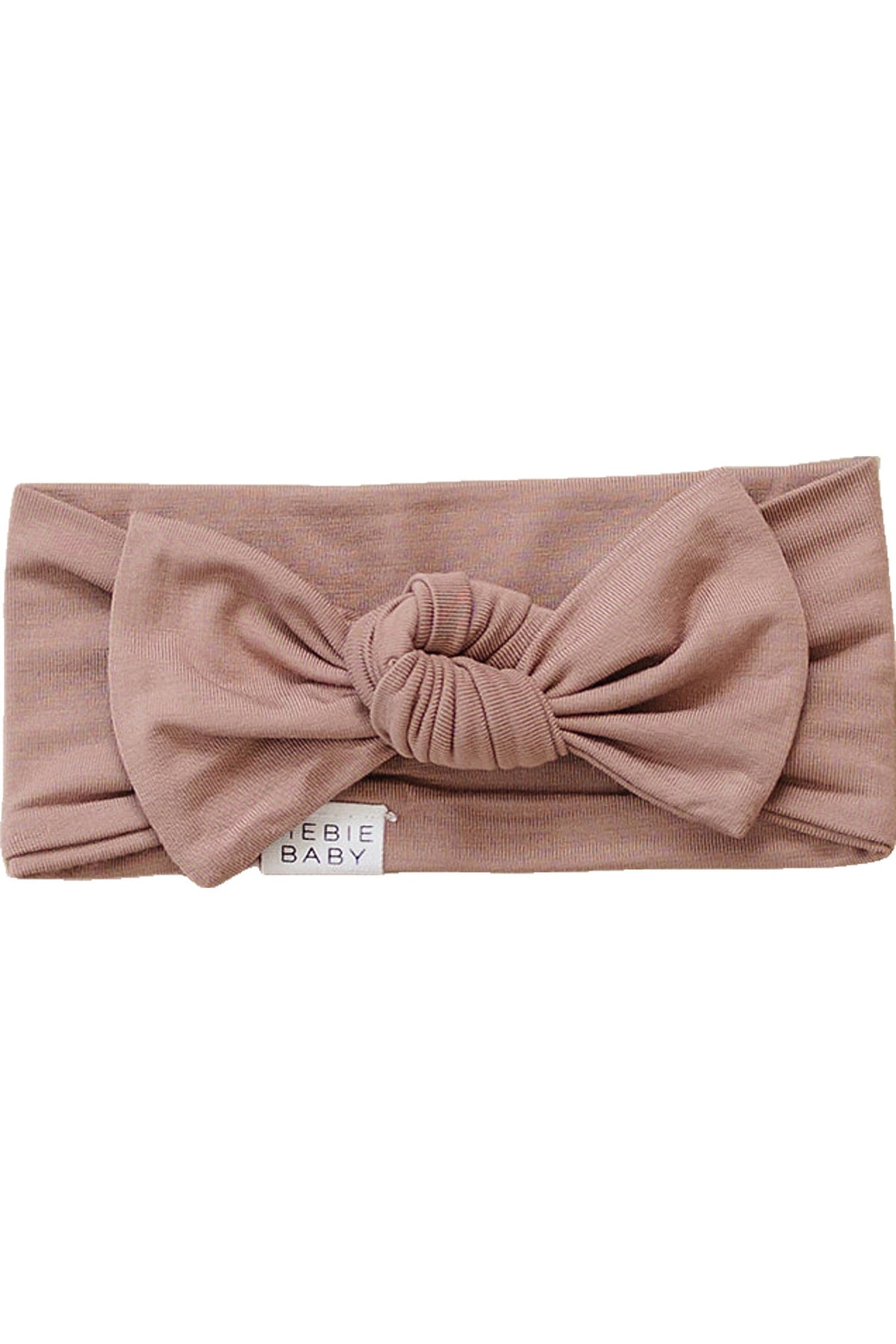 Dusty rose head wrap with a large bow, made from soft bamboo fabric, featuring a Mebie Baby label.