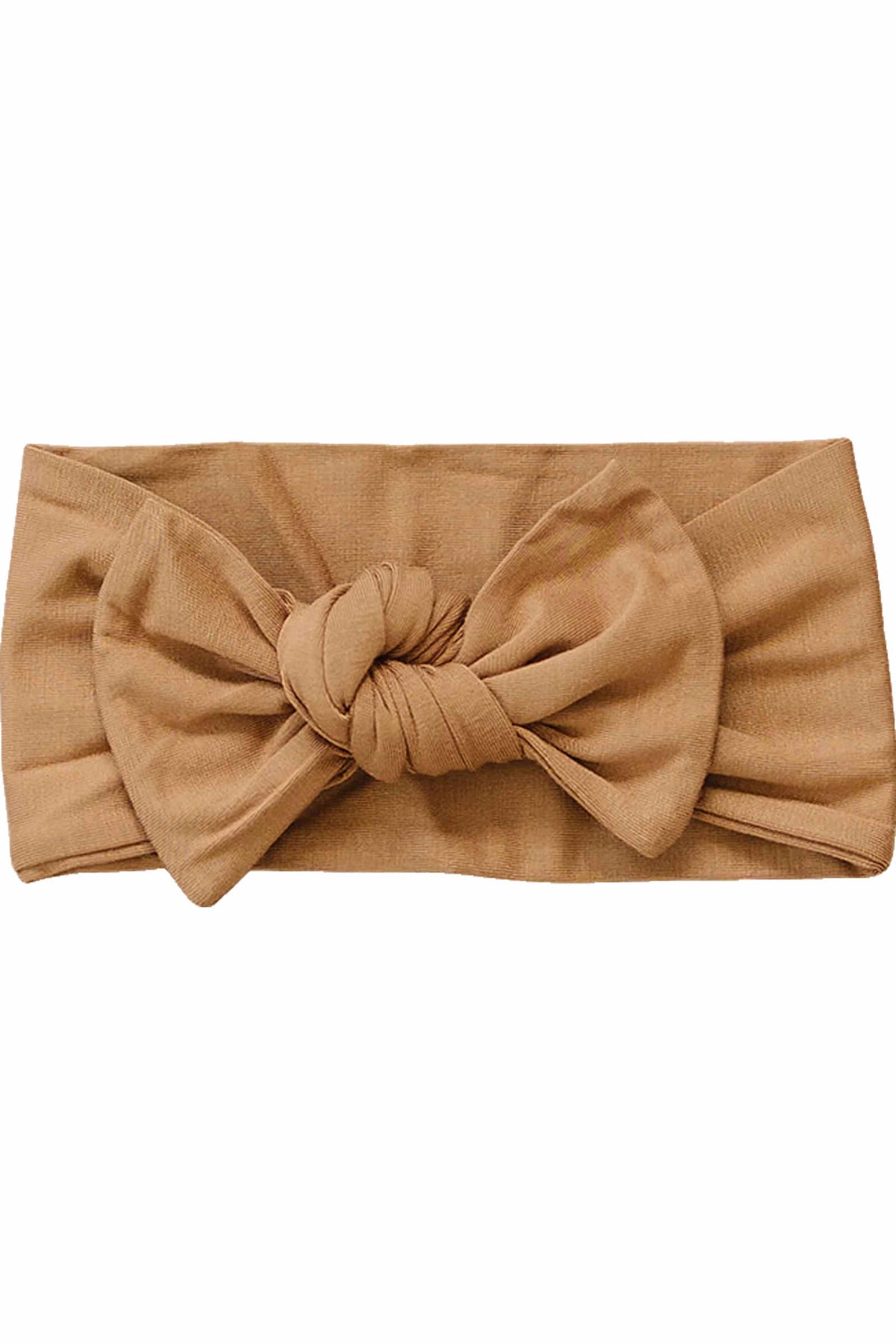 A mustard-colored head wrap with a large bow, made from soft bamboo fabric, suitable for newborns.