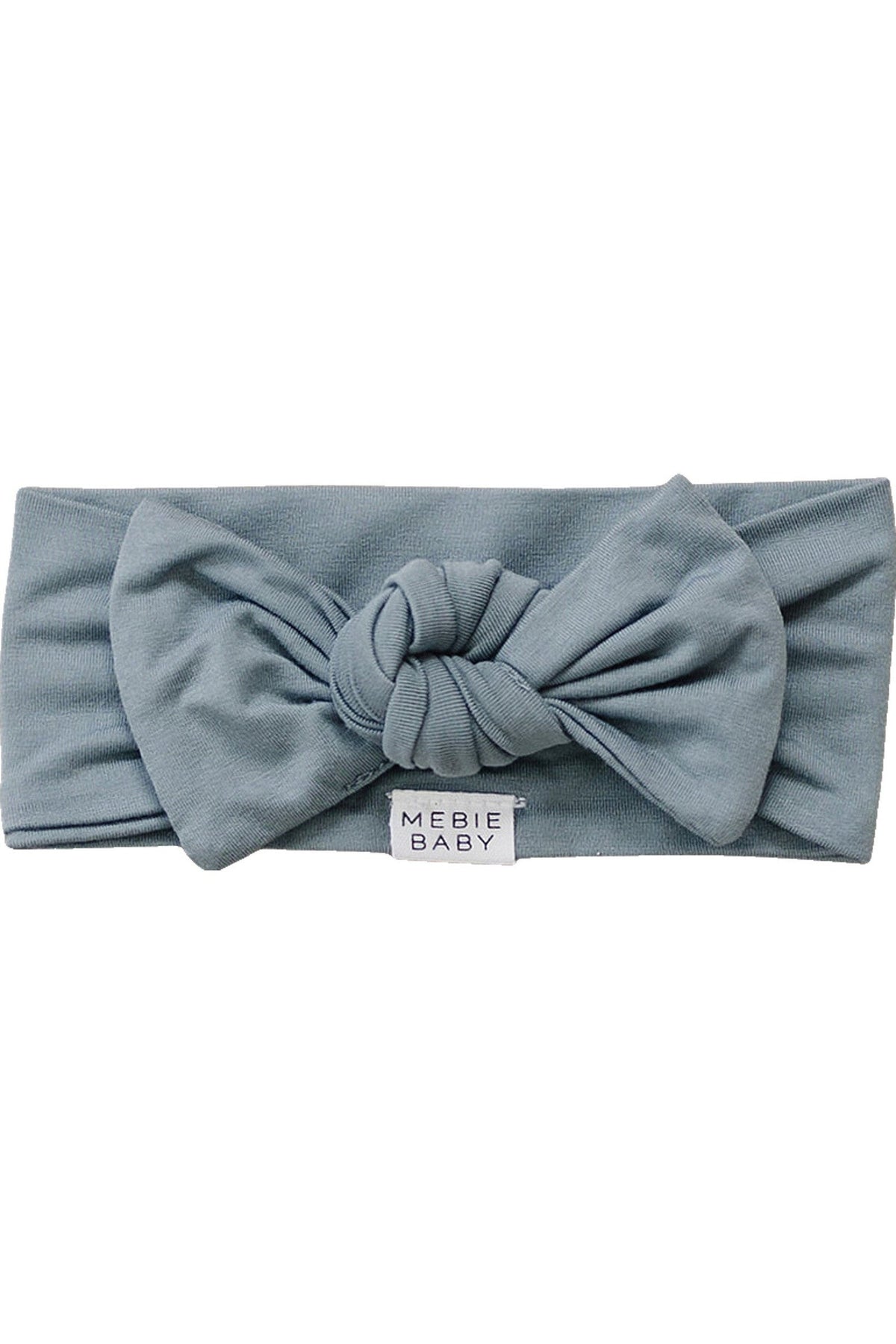Dusty blue Mebie Baby head wrap with a simple knot, made from soft bamboo rayon fabric.