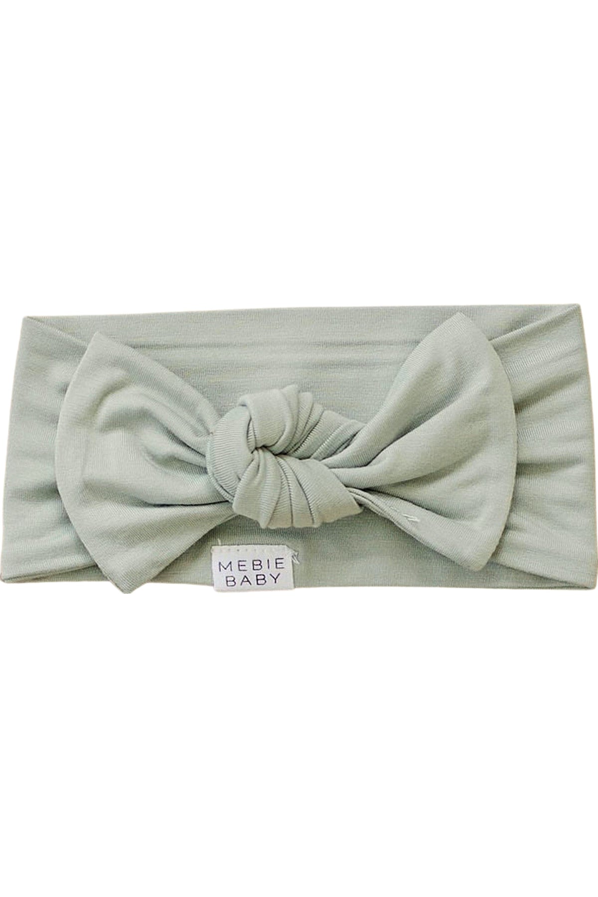 Mebie Baby sage head wrap with a bow, made from soft bamboo fabric, suitable for newborns and up.