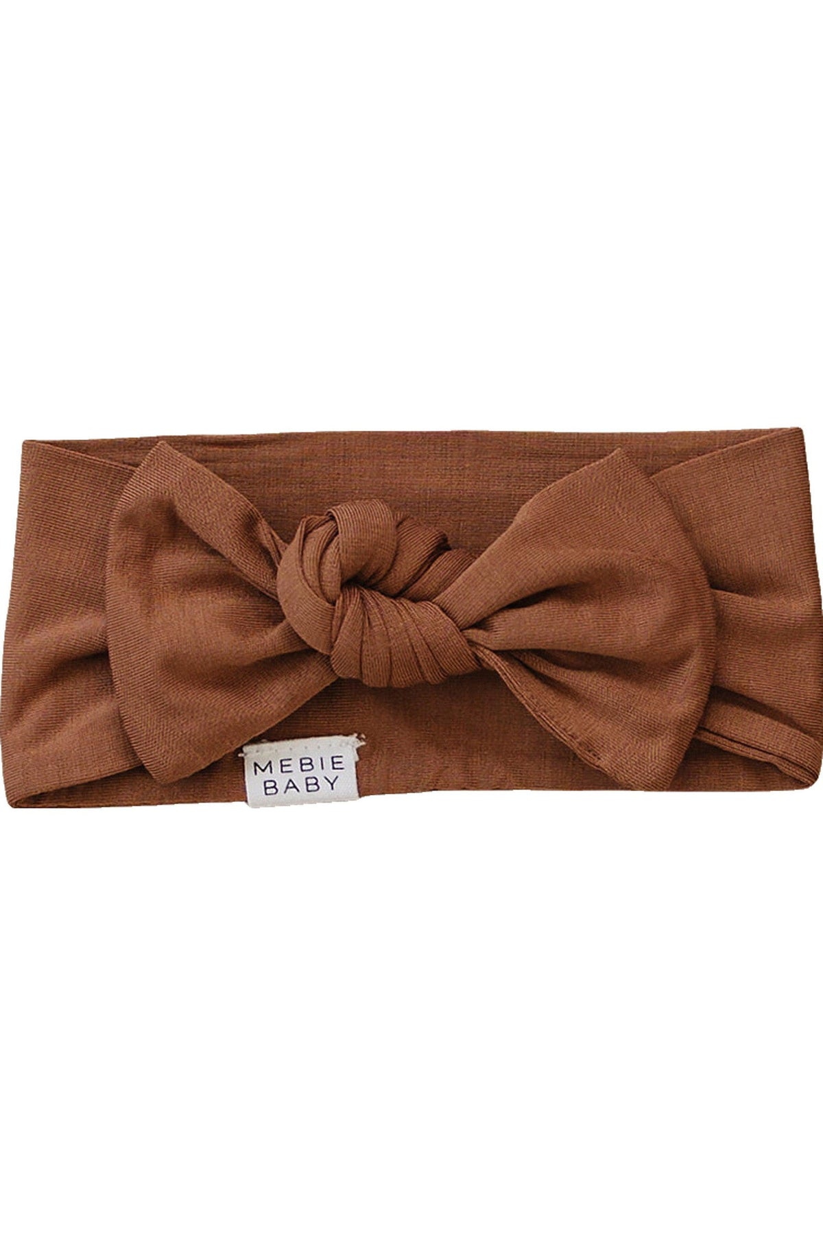 Rust-colored Mebie Baby head wrap with a simple knot design, made from soft bamboo fabric, suitable for newborns.