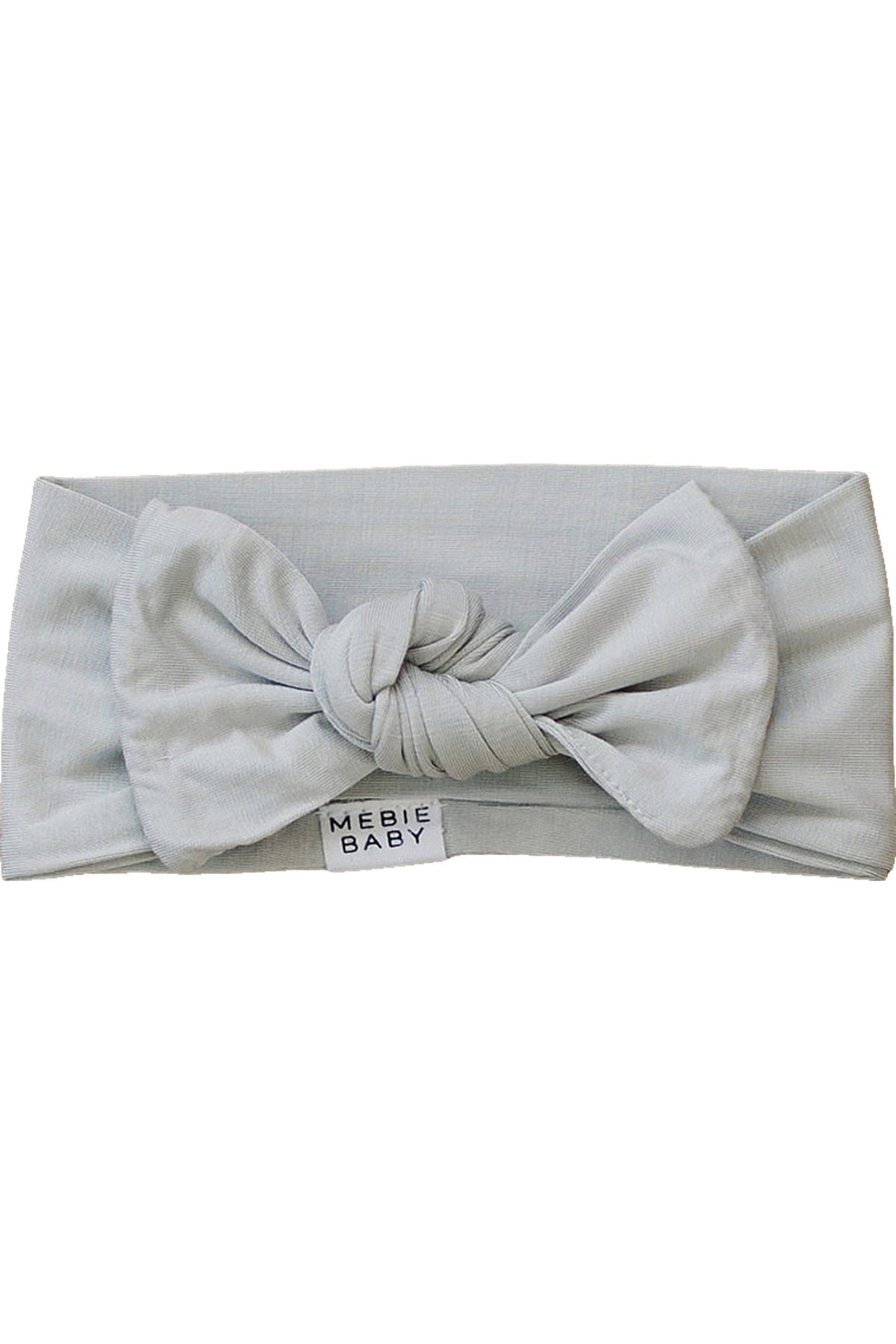 Light gray Mebie Baby bamboo head wrap with a square knot design, suitable for newborns and up.