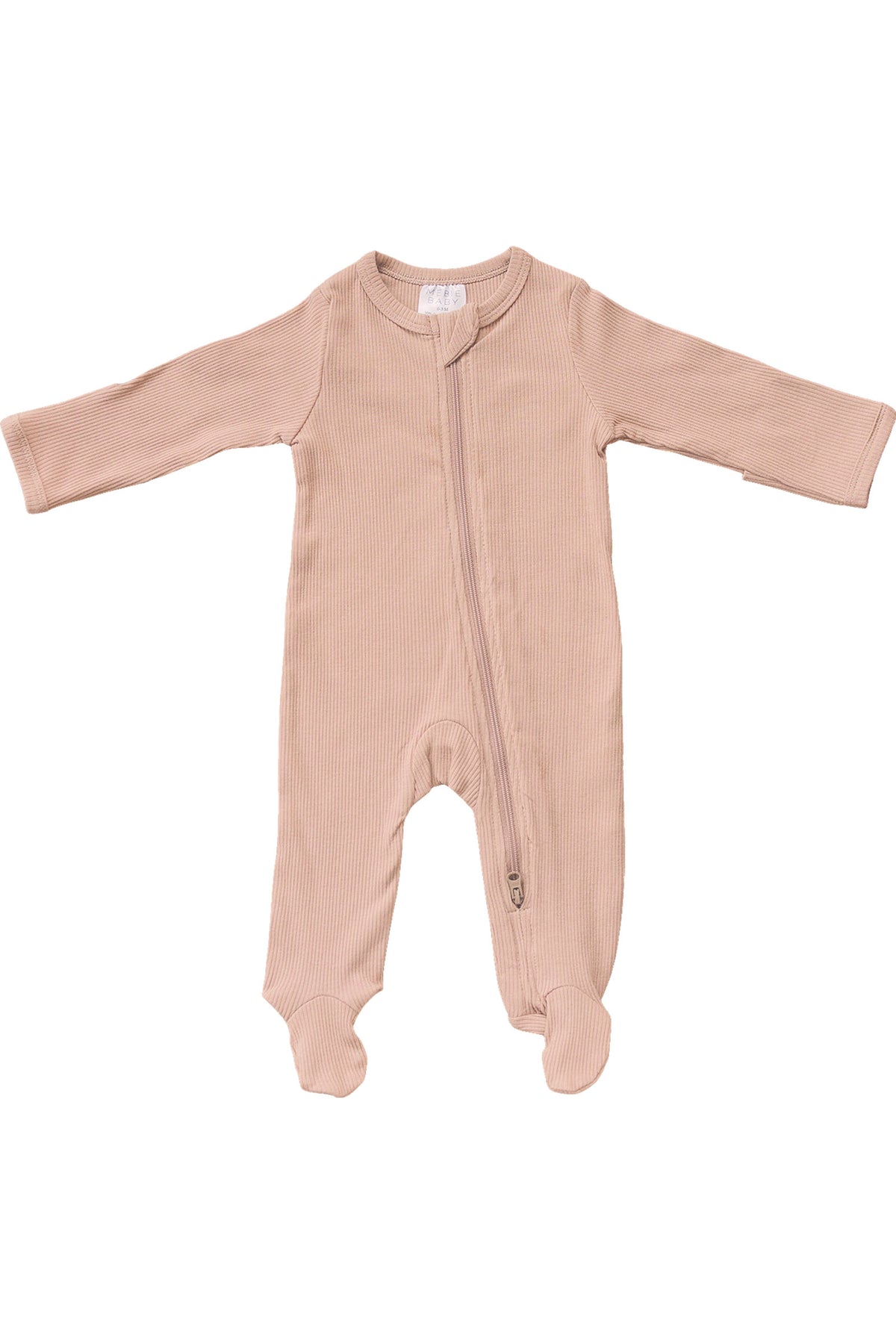 Pale pink ribbed baby footed pajama with a zipper, made of organic cotton, displayed on a white background.