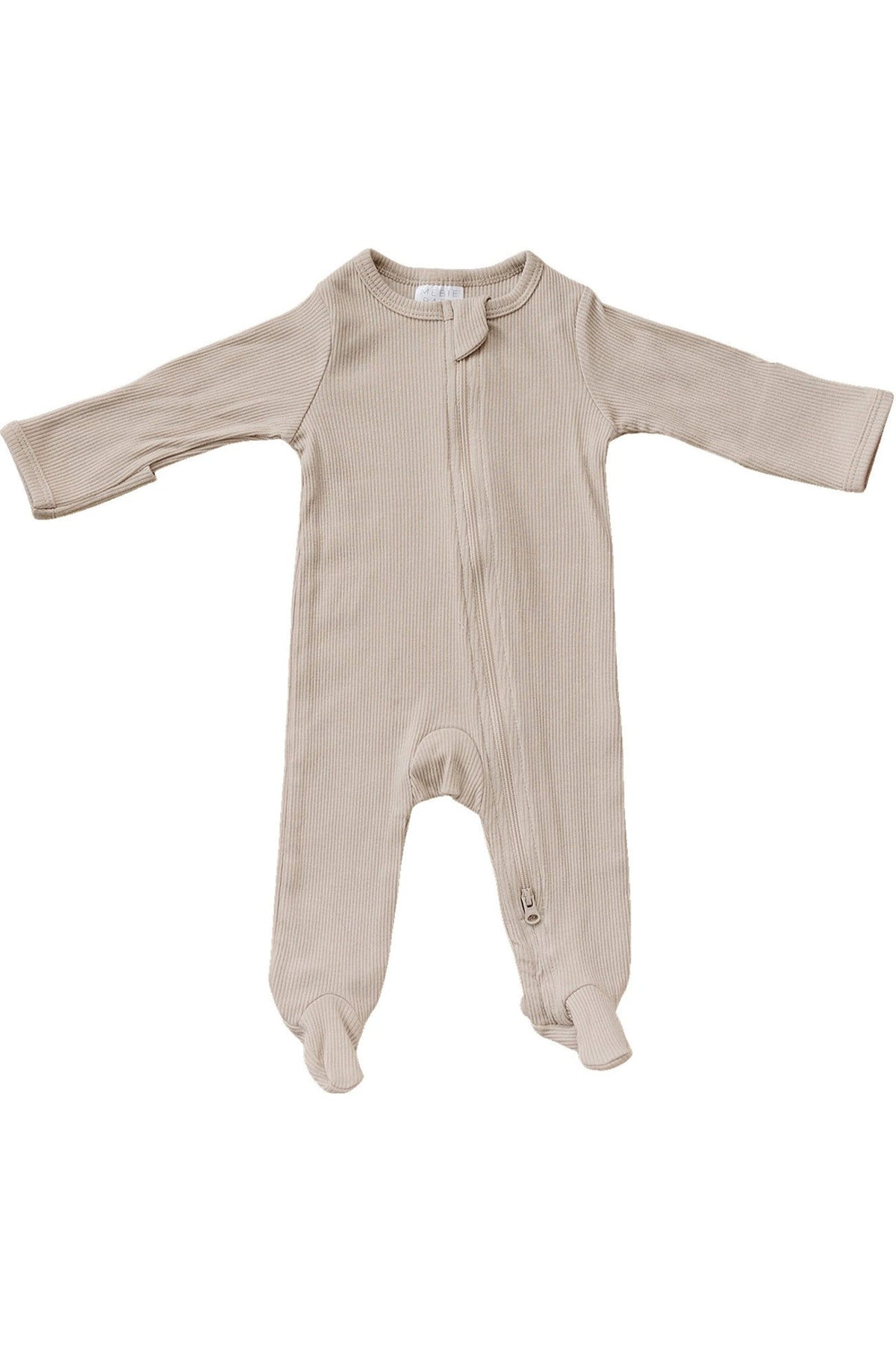 Beige ribbed baby footed pajama with a double zipper, crafted from organic cotton for comfort and convenience.