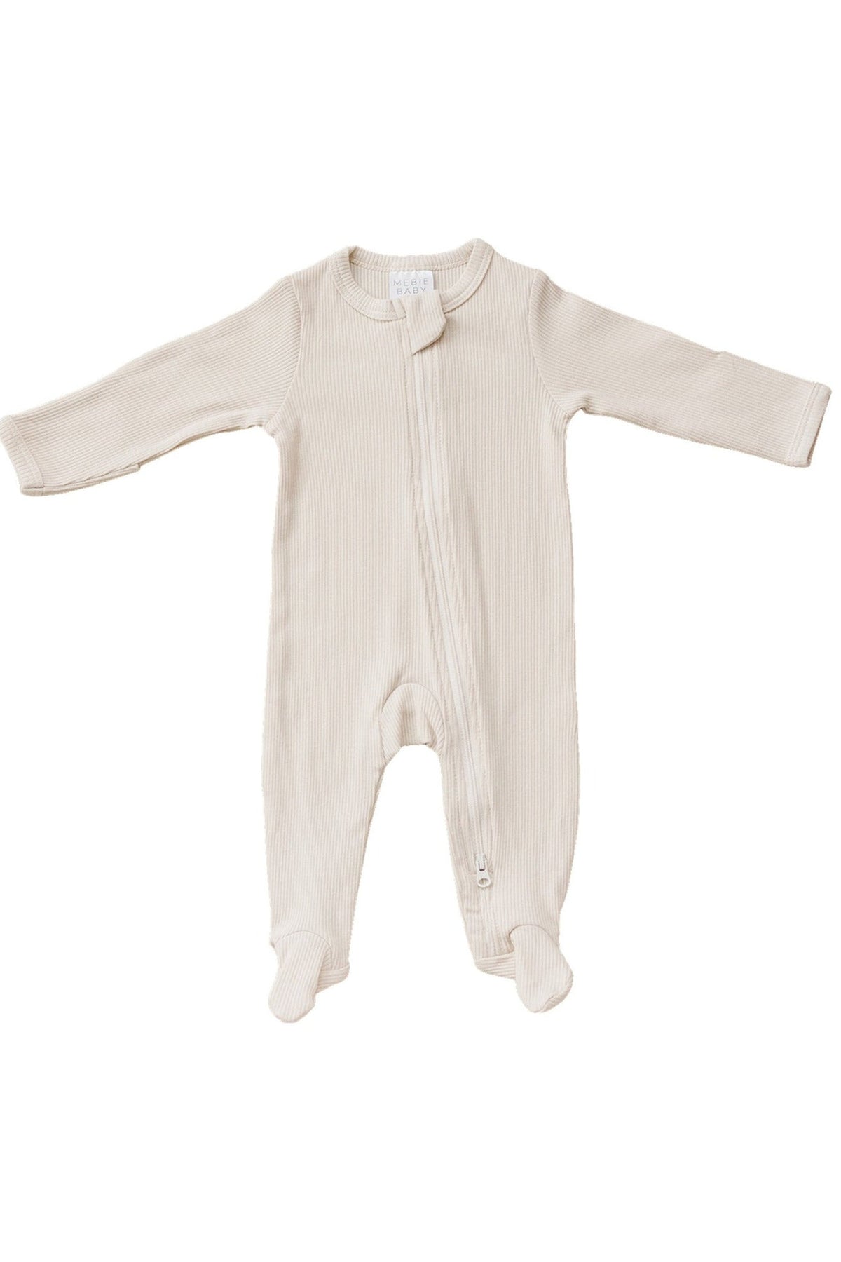 Cream-colored ribbed footed pajama with a double zipper and long sleeves, made from organic cotton for babies.