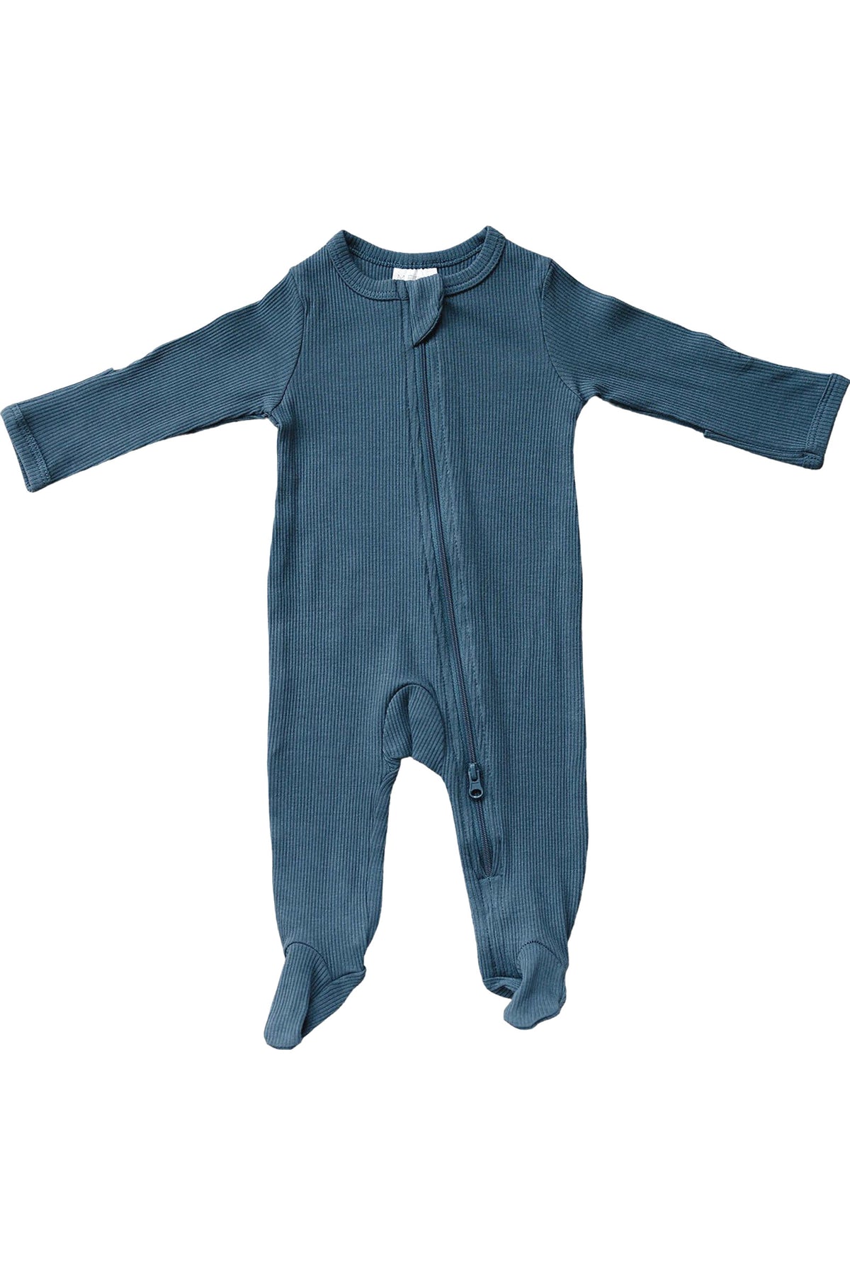 Navy ribbed footed baby pajama made from organic cotton with a central zipper for easy diaper changes.