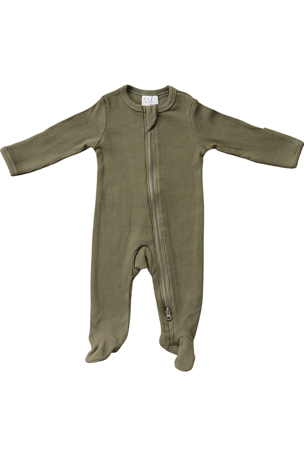 Olive green ribbed baby pajama with a front zipper, made from organic cotton. Features footed design for warmth.