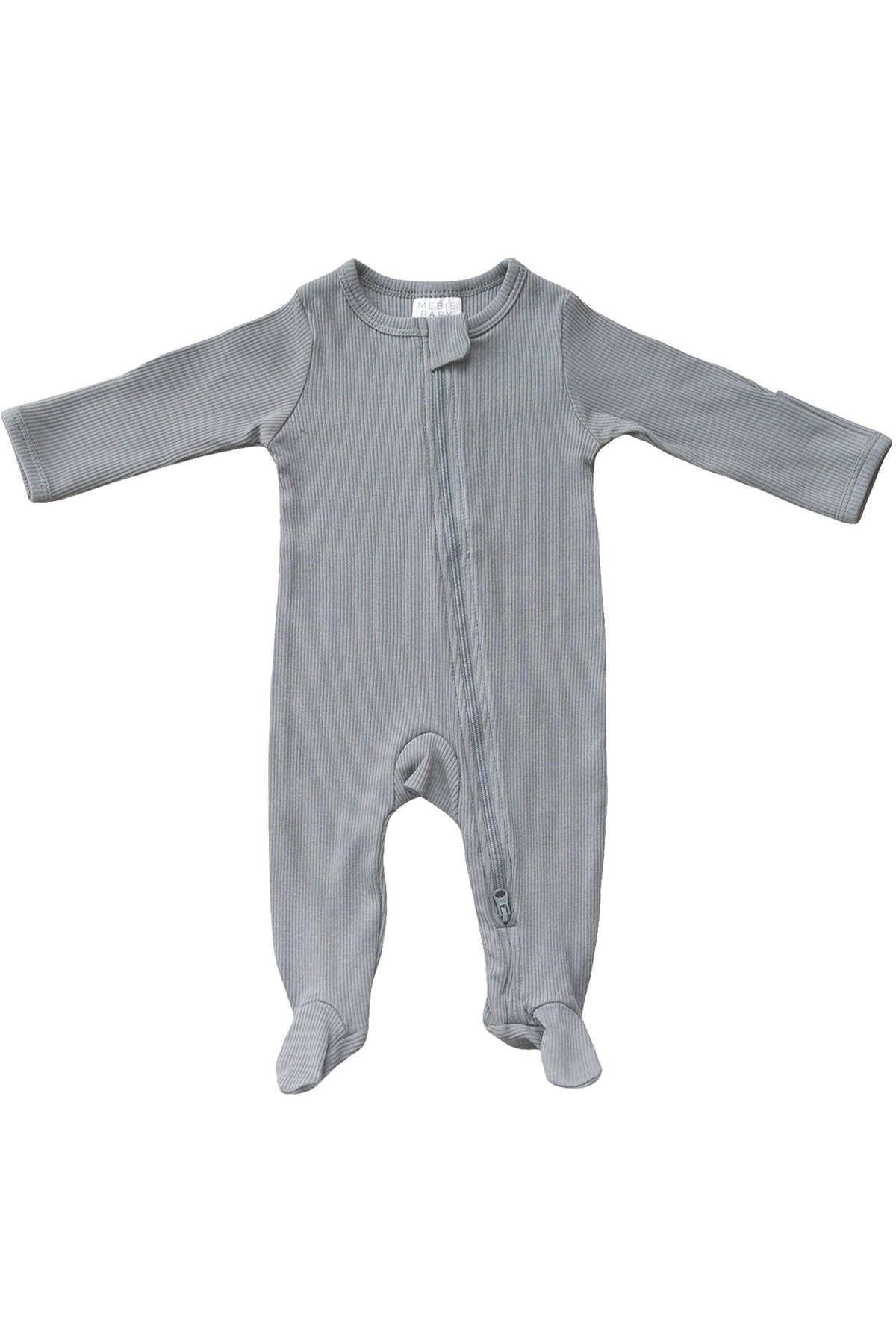 Grey ribbed footed baby pajama with long sleeves and a front zipper, made from organic cotton fabric.