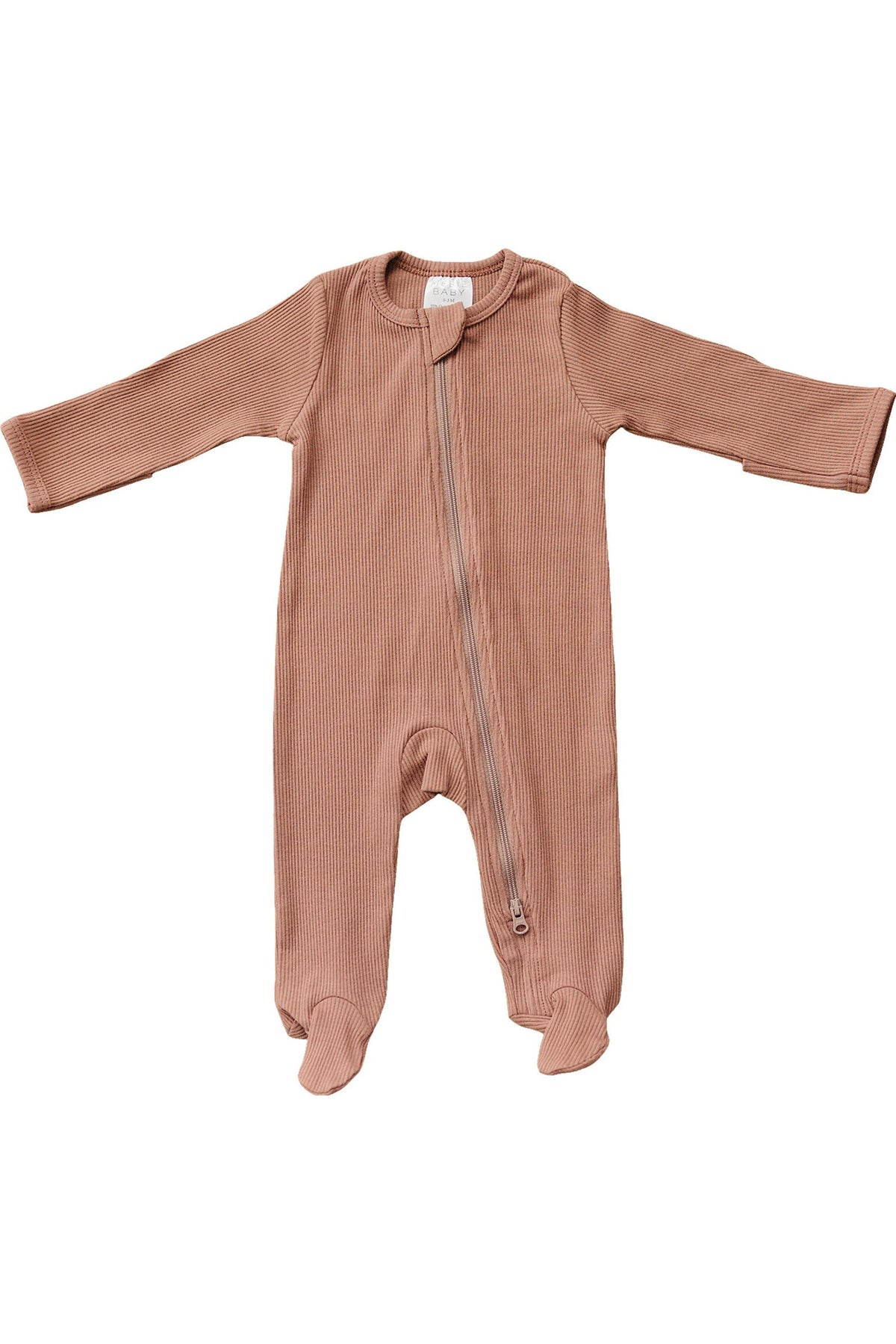 Dusty rose ribbed zipper footed baby pajama made from organic cotton, featuring long sleeves and enclosed feet.