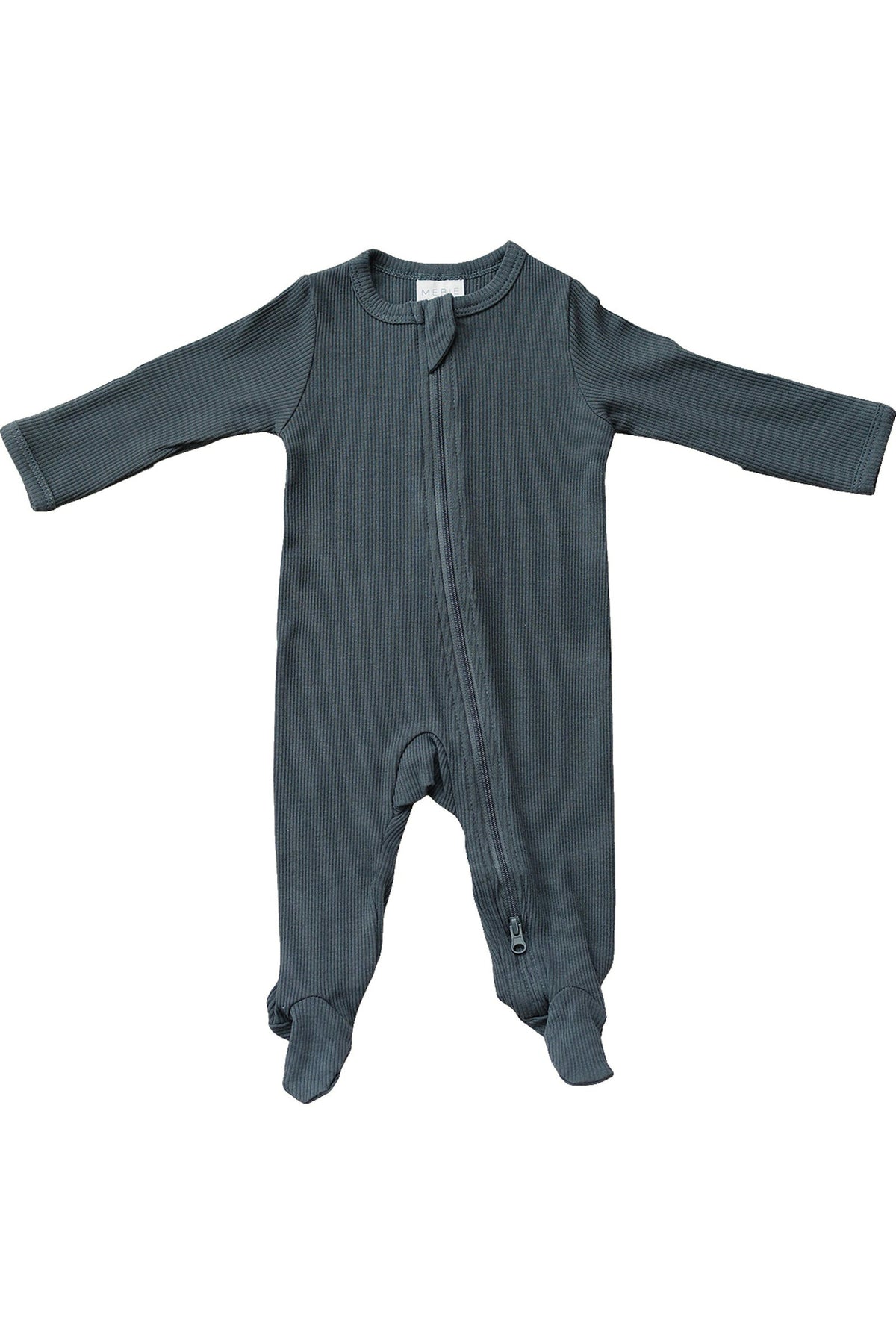 Charcoal ribbed baby pajama with long sleeves and footed design, featuring a convenient double zipper.