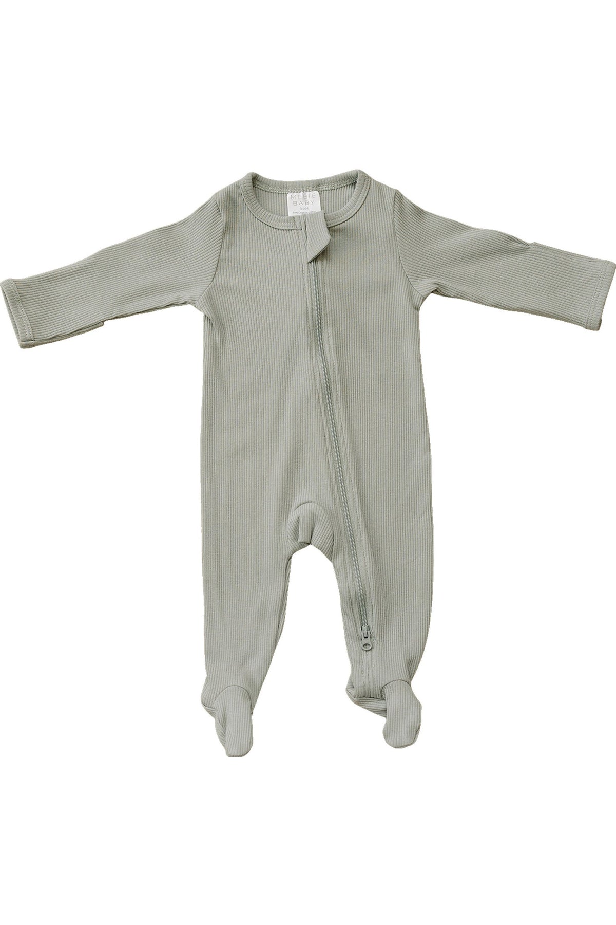 Sage ribbed baby pajamas with a zipper, made from organic cotton, featuring footed design and long sleeves.