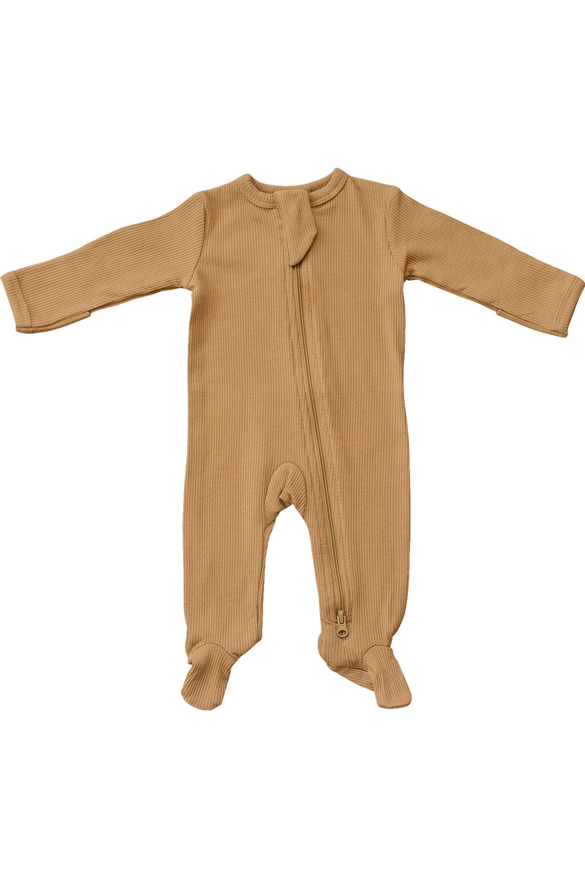 Tan ribbed baby pajama with a diagonal zipper, made from organic cotton. Features footed design for comfort.