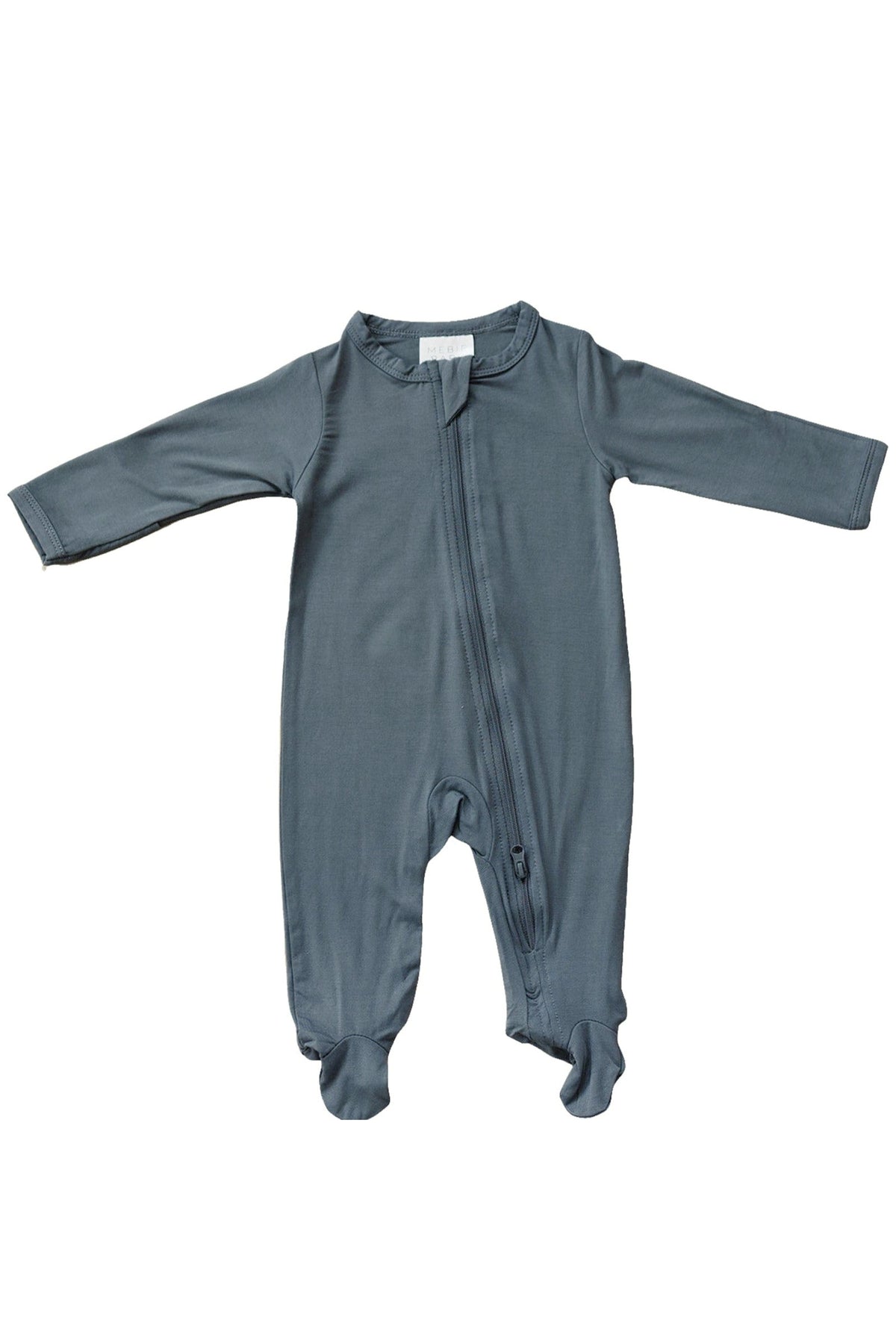Charcoal footed baby pajama with long sleeves and a zipper, made from soft bamboo fabric.