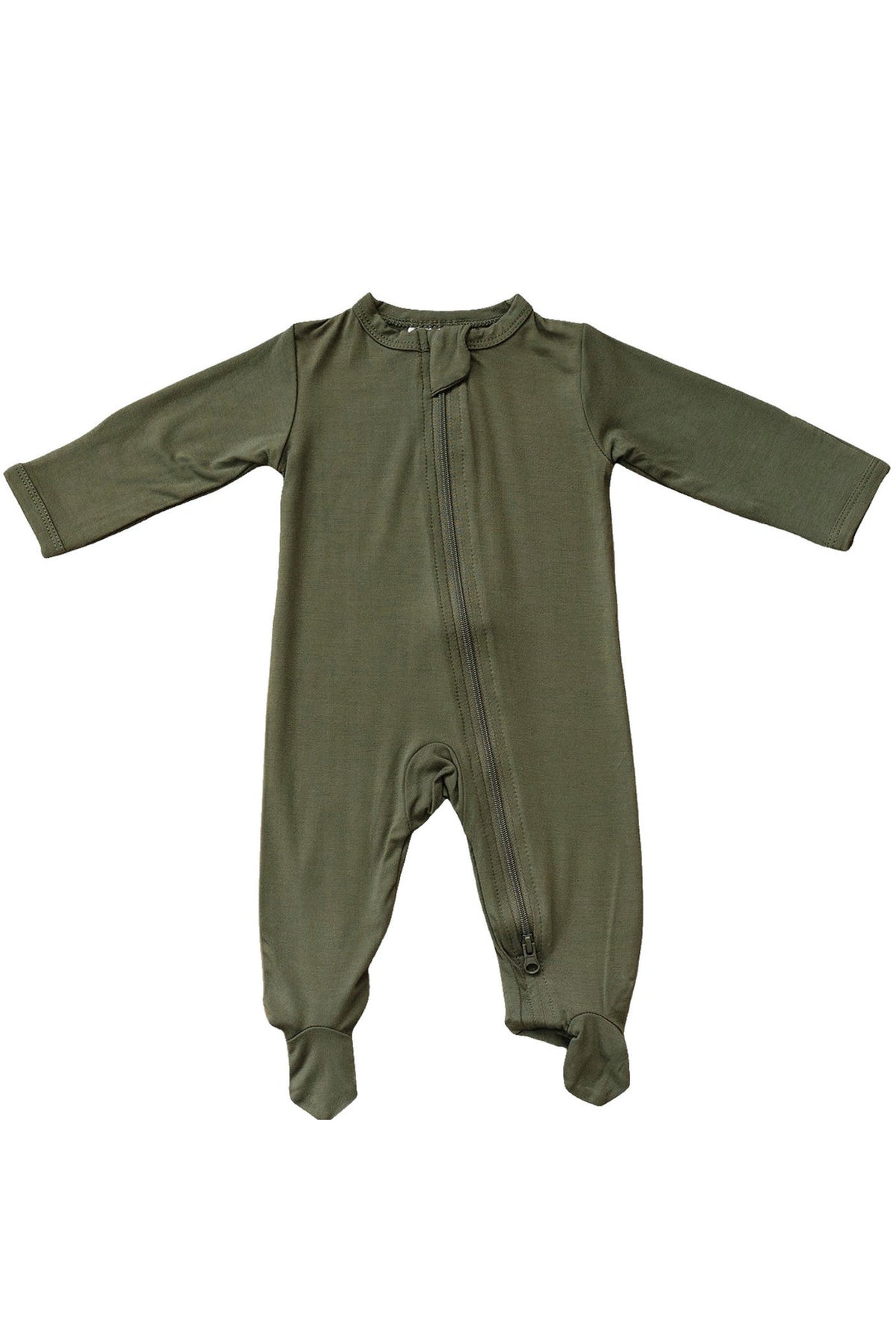 Olive green footed baby pajama with a front zipper, made from soft bamboo fabric. Gender-neutral design.