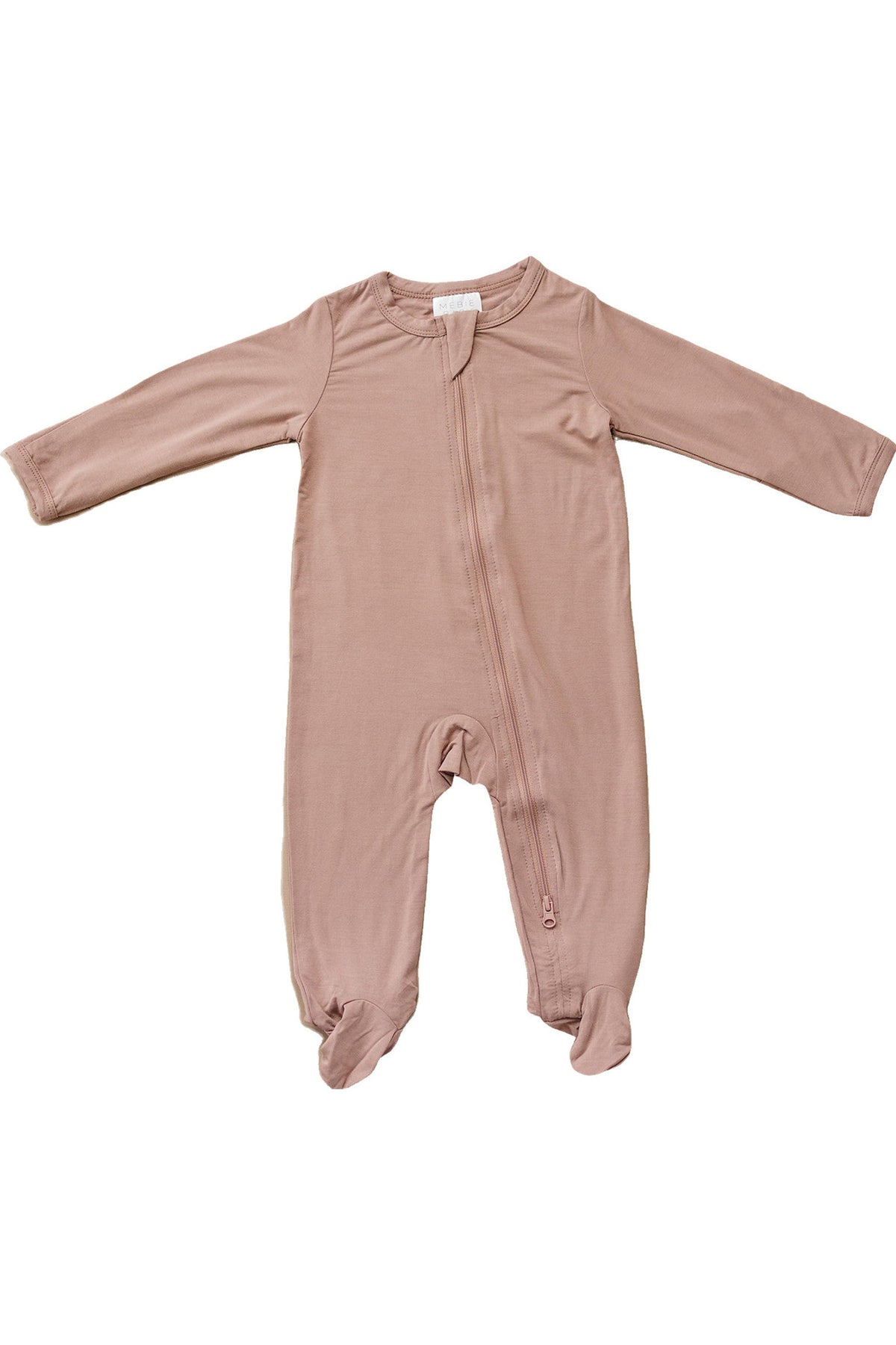 Dusty rose footed pajama with a front zipper, made from soft bamboo fabric, suitable for babies.