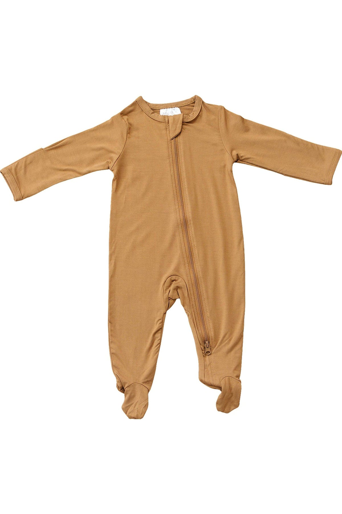 Mustard-colored baby footed pajama with a front zipper, made from soft bamboo fabric. Ideal for infants.