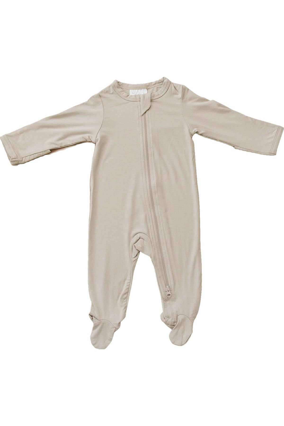 Oatmeal-colored footed pajama with a zipper, made from soft bamboo fabric, designed for babies.