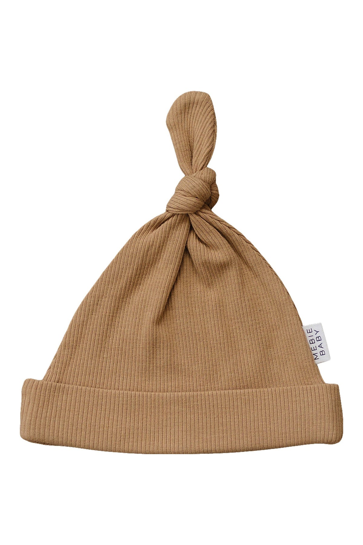 Tan ribbed newborn knot hat made of organic cotton, featuring a simple design with a folded brim.