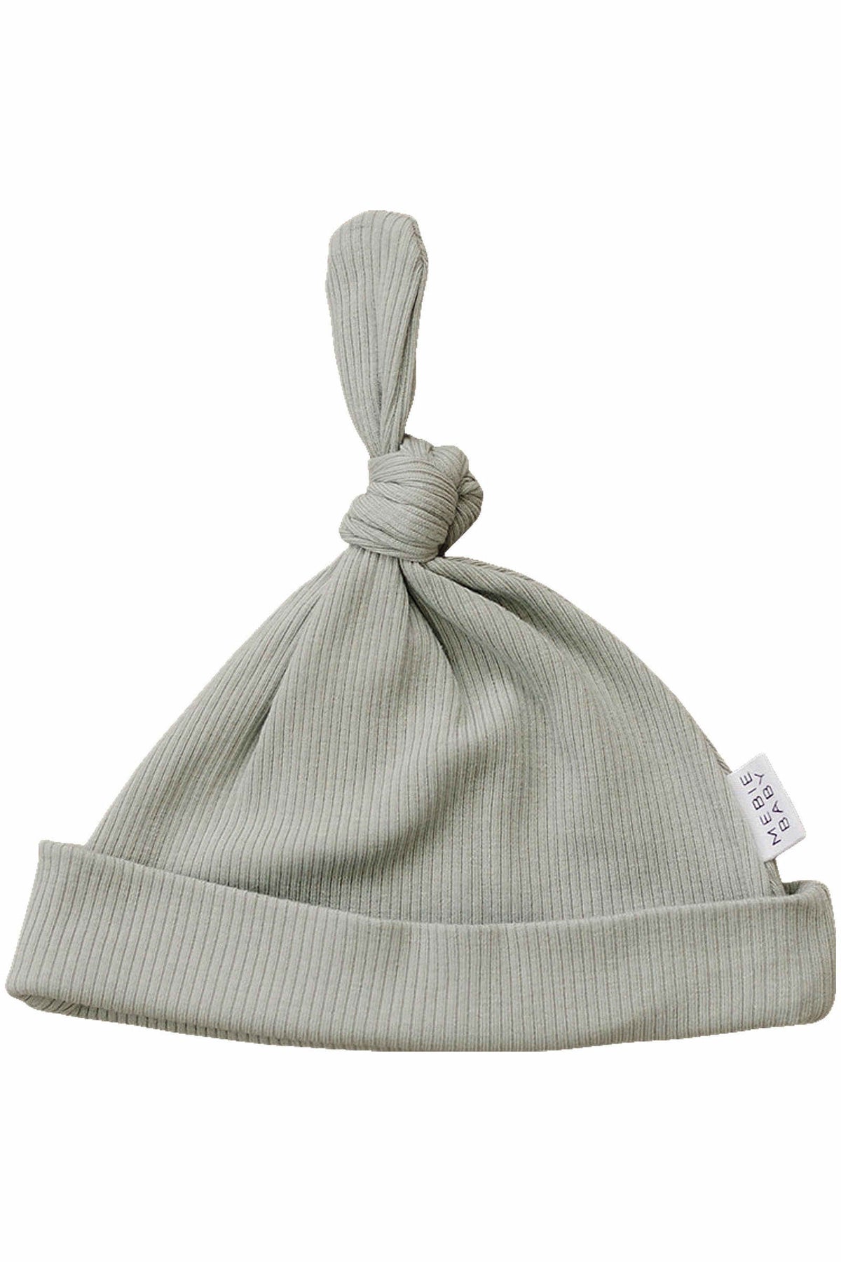 Sage ribbed newborn knot hat made of organic cotton with a folded brim and a small brand tag.